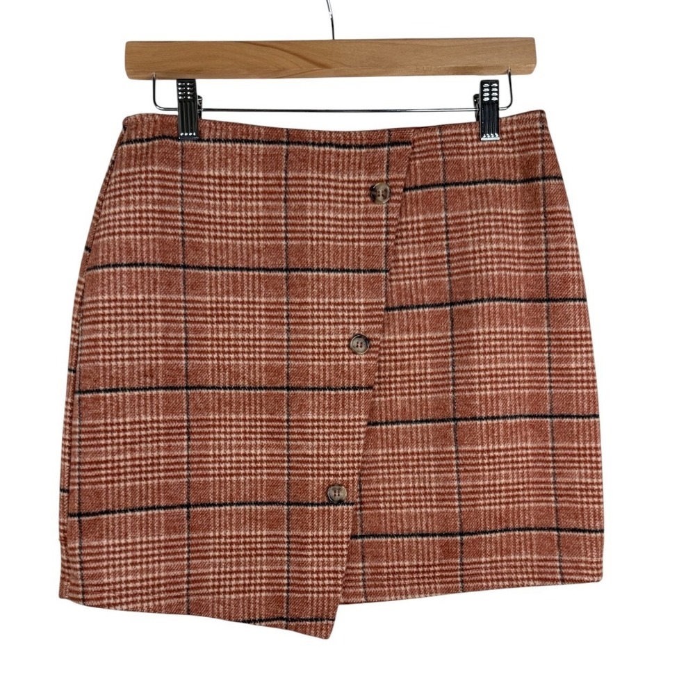 Gianni Bini Women's Asymmetrical Rust Orange Plaid Skirt Size Medium Wool Blend